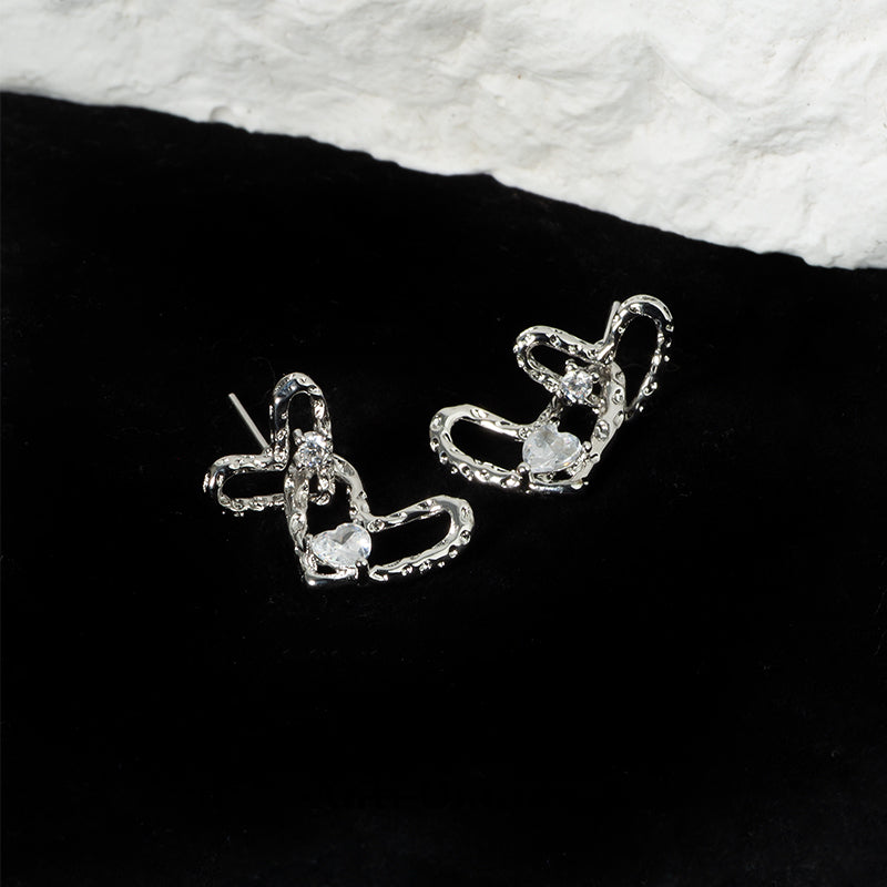 「Heart to Heart」Everyday All-Match White Zircon Silver Earrings