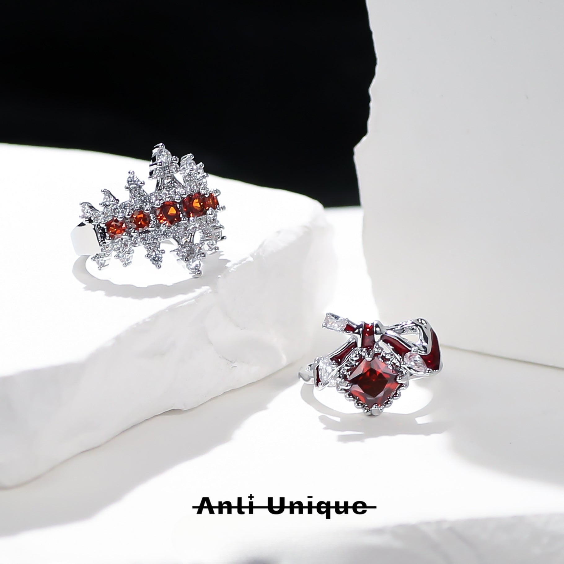 「Red Crown」Red Zircon Silver Ring Set Couple Adjustable Open End