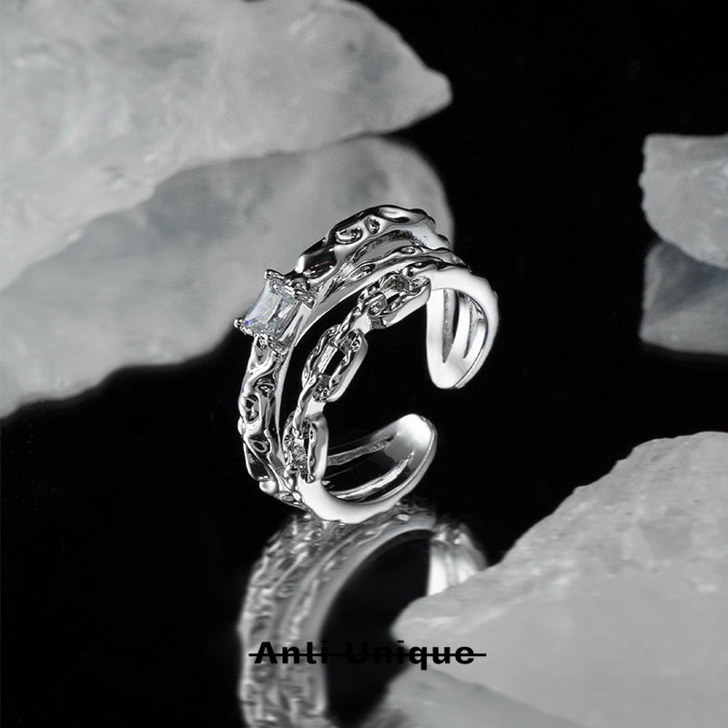 「Double Chain」Everyday All-Match White Zircon Silver Ring Adjustable Open End