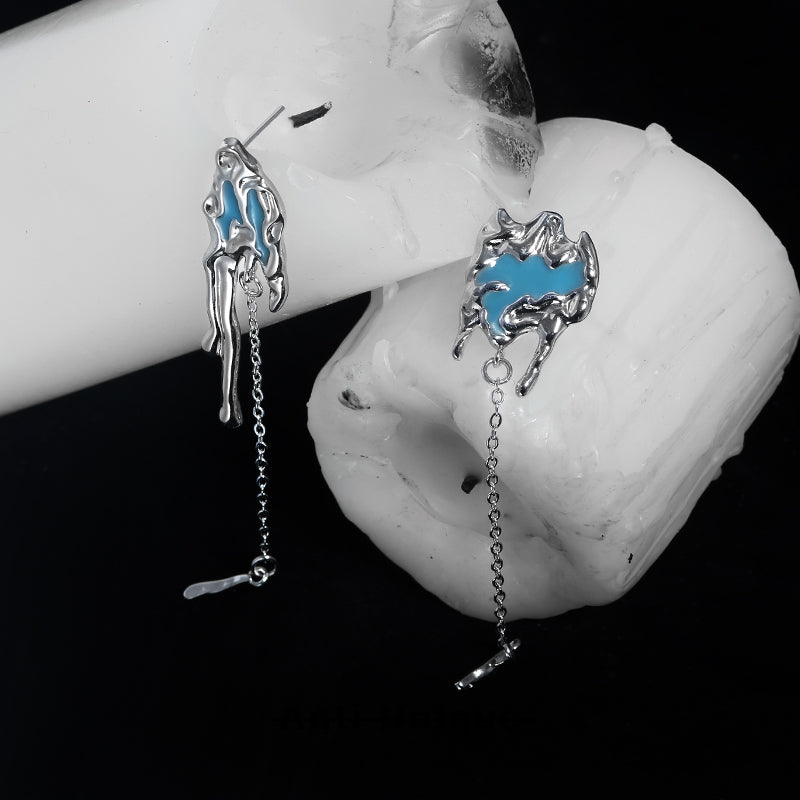 「Glacier Lava」Blue Epoxy Resin Earrings Silver Asymmetry Tassel Texture Design