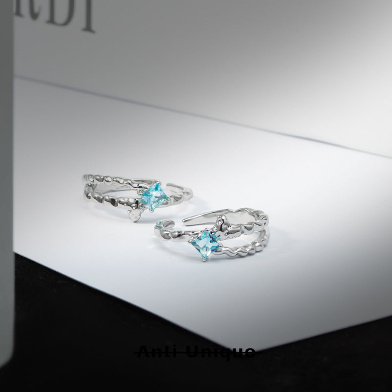 「Glacier Star」Ice Blue Zircon Melted Silver Texture Adjustable Ring