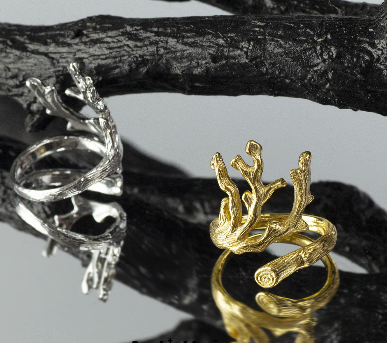 「Lava Branch」Melted Metal Texture Silver Gold Ring Set Adjustable Open End