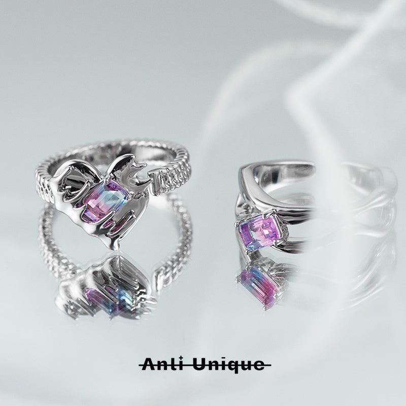 「Sweet Heart」Couple Ring Set Gradient Pink Purple Zircon