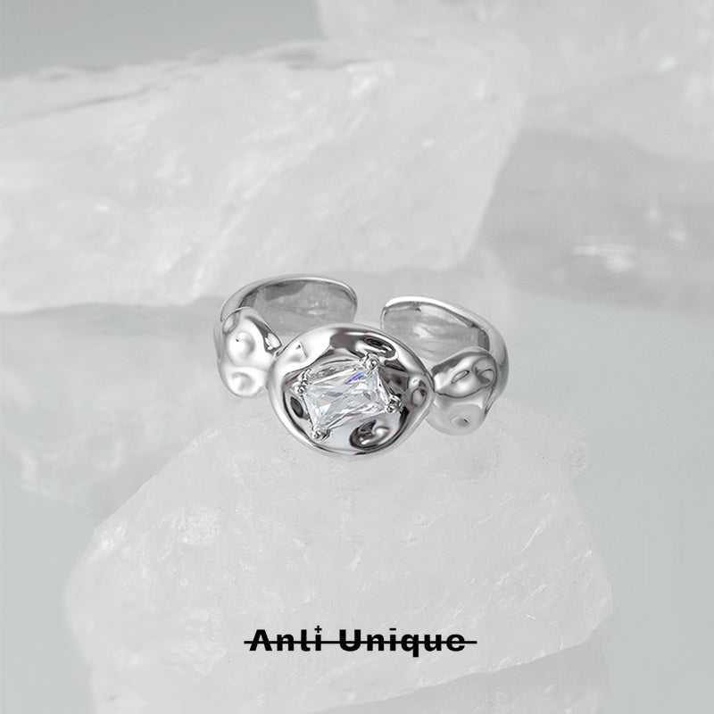 「Ice Mountain」Everyday All-Match White Zircon Silver Couple Ring Set Adjustable Open End