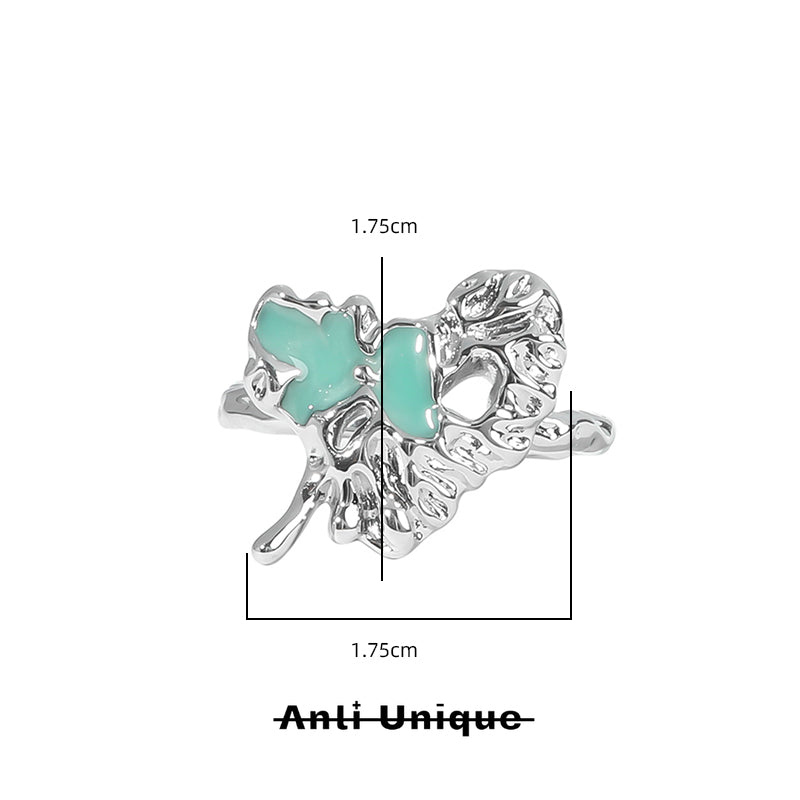 「 Mint Heart」Earring+Ring Set Mint Epoxy Resin Silver Adjustable Open End Ring