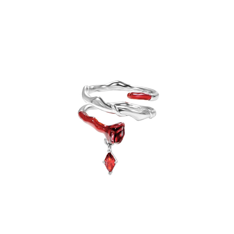 「Blood Rose」Red Zircon Enamel Silver Adjustable Couple Ring Set