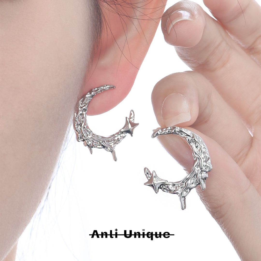 「Moon Lava」White Zircon Melted Texture Silver Earrings