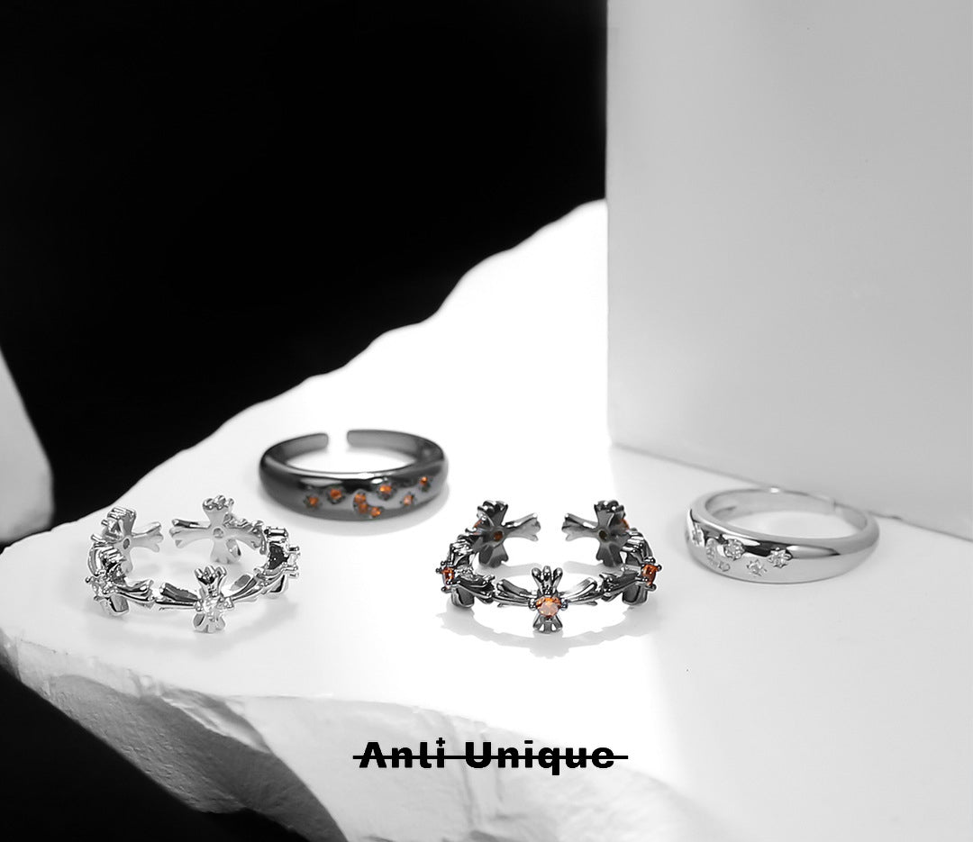 「Cross」Couple Ring Set Red White Zircon Adjustable Open End Christmas Gift
