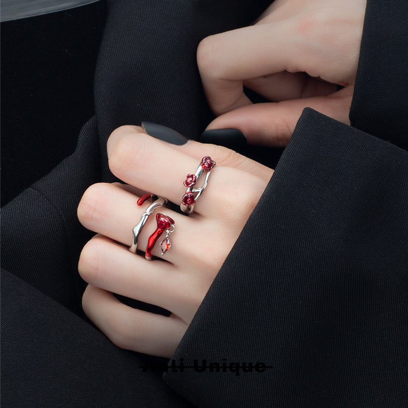 「Blood Rose」Red Zircon Enamel Silver Adjustable Couple Ring Set