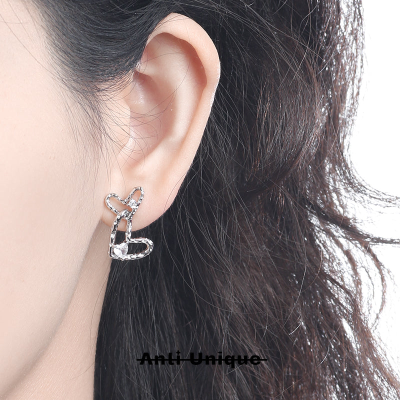 「Heart to Heart」Everyday All-Match White Zircon Silver Earrings