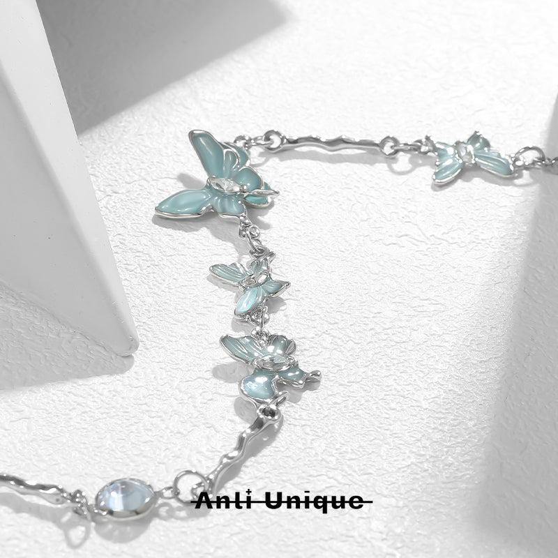 「Mint Butterfly」Blue Zircon Epoxy Resin Technique Silver Necklace