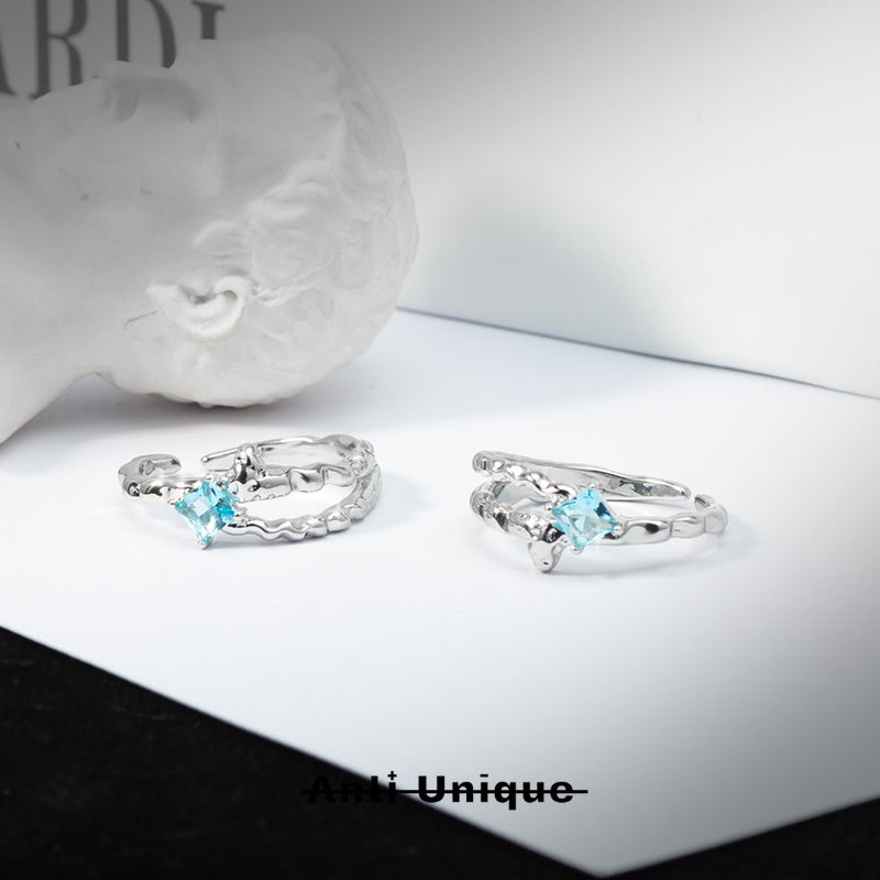 「Glacier Star」Ice Blue Zircon Melted Silver Texture Adjustable Ring