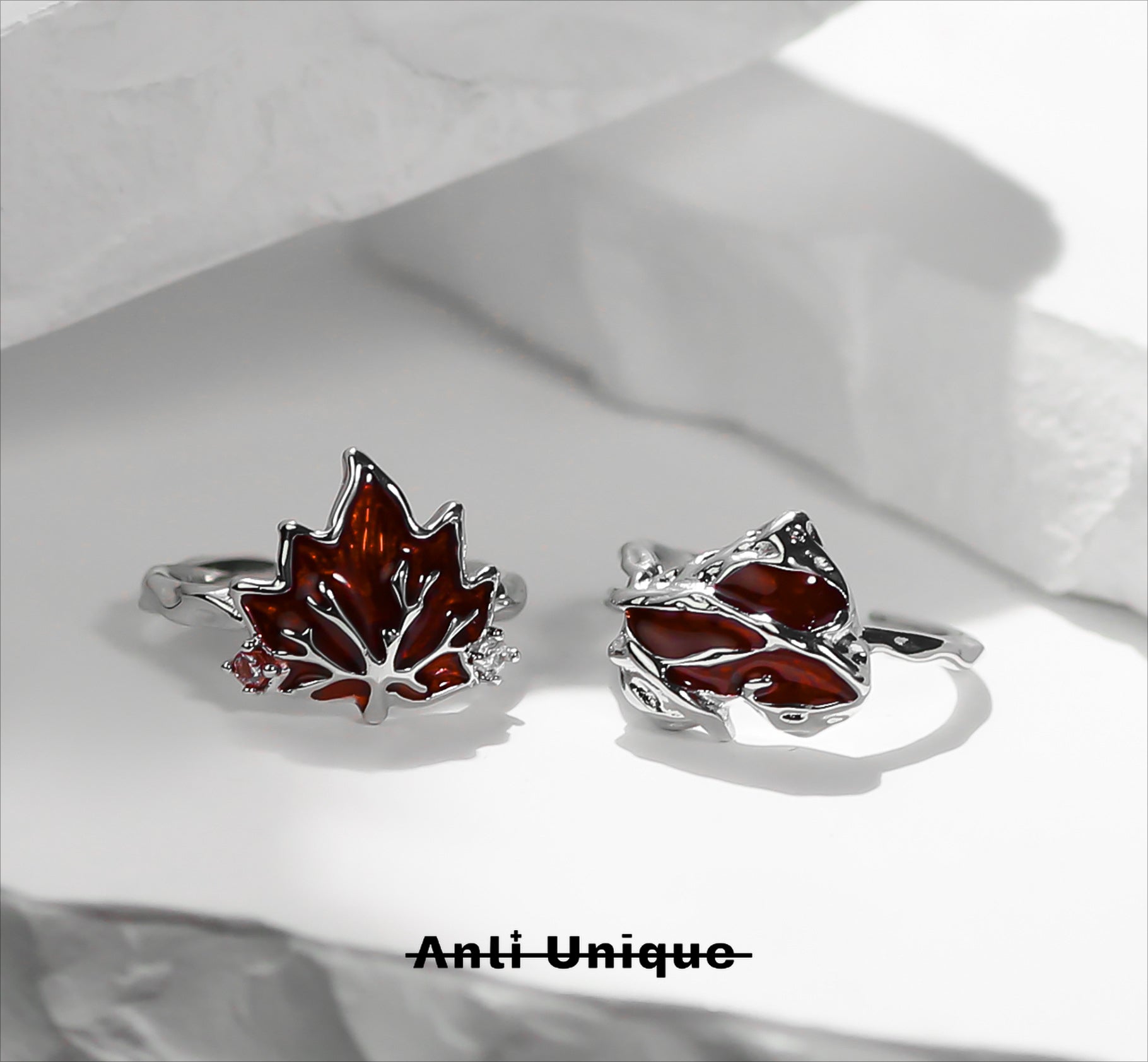 「Red Maple」Red Epoxy Enamel Silver Ring Set Couple Adjustable Open End