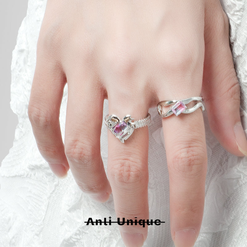 「Sweet Heart」Couple Ring Set Gradient Pink Purple Zircon