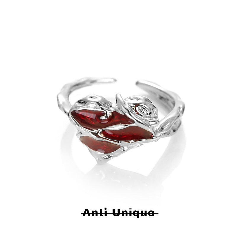 「Red Maple」Red Epoxy Enamel Silver Ring Set Couple Adjustable Open End