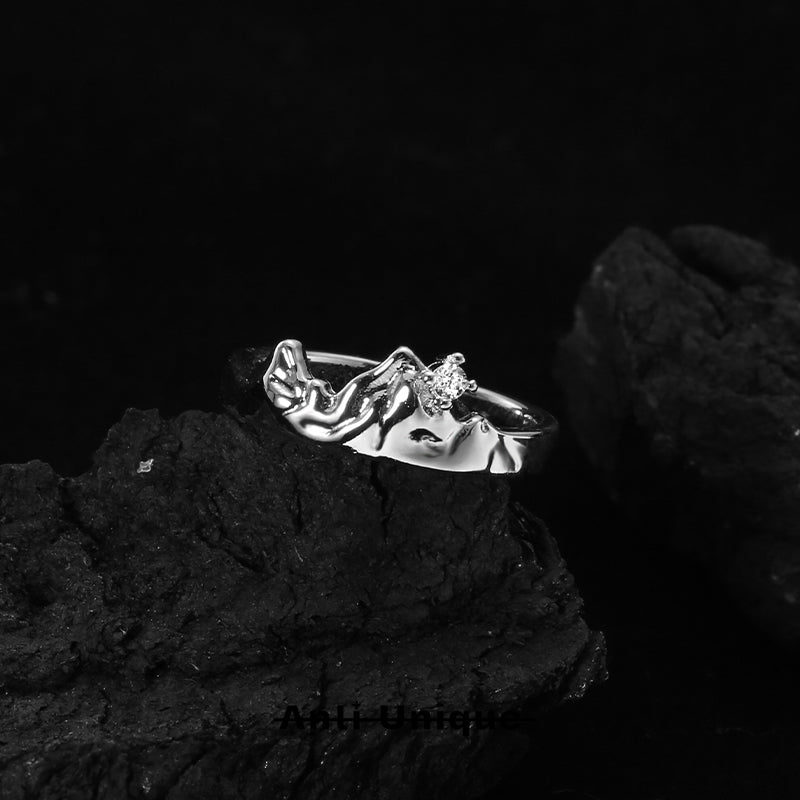 「Eternal Mountain」White Zircon Silver Couple Ring Set Gift Adjustable Open End