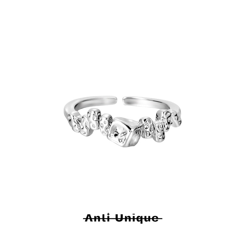 「Melted Silver」White Zircon Lava Texture Ring Set Adjustable Open End