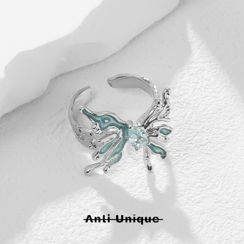 「Mint Butterfly」Blue Zircon Silver Bracelet & Ring Set Adjustable Ope End