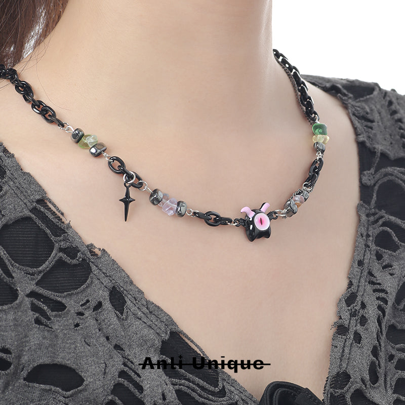 「Devil Eye」Black Pink Beaded Titanium Steel Chain Punk Halloween Necklace