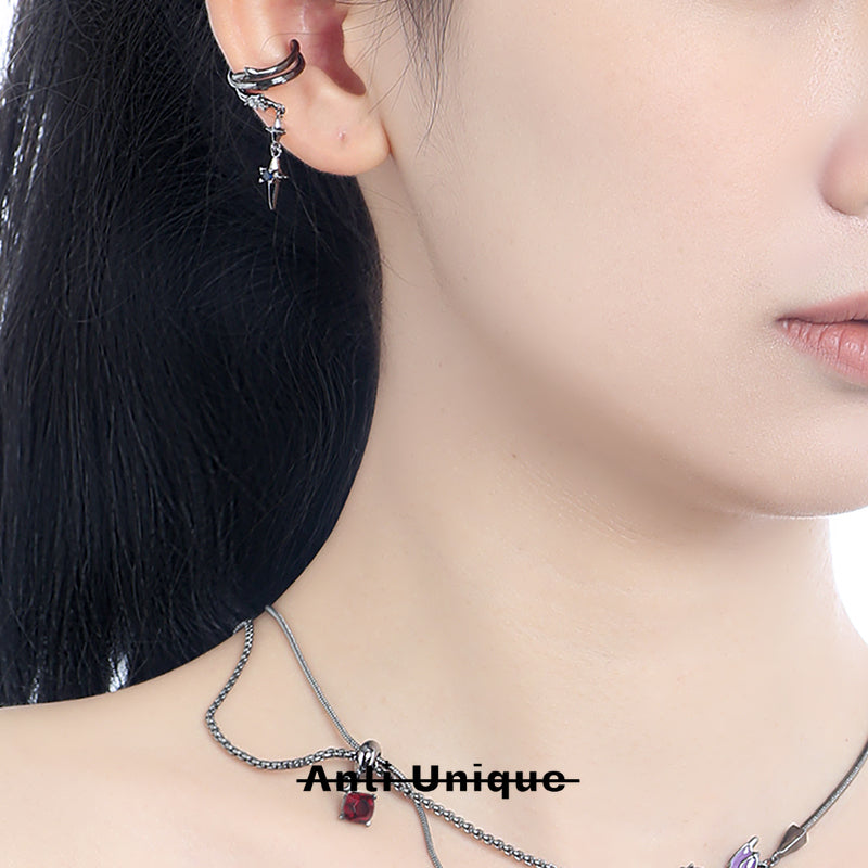 「Dark Thon」Dark Blue Zircon Asymmetric Ear Clips Earrings