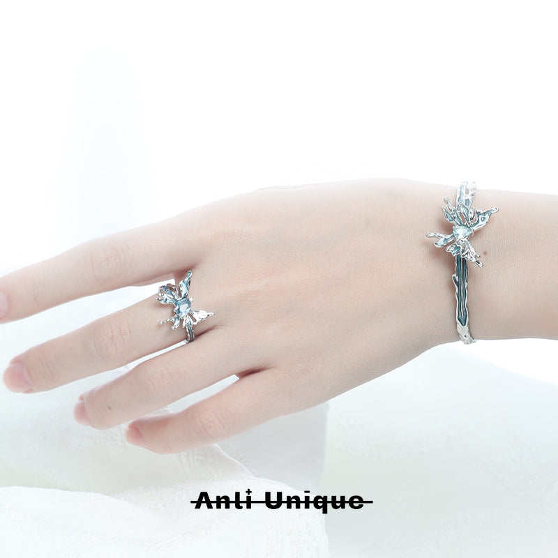 「Mint Butterfly」Blue Zircon Silver Bracelet & Ring Set Adjustable Ope End