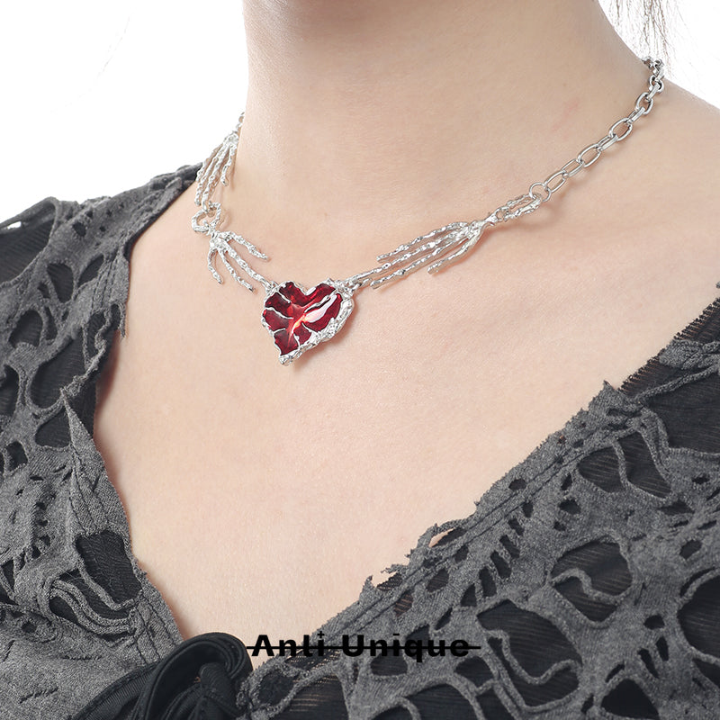 「Blood Heart」Red Skeleton Epoxy Resin Halloween Necklace