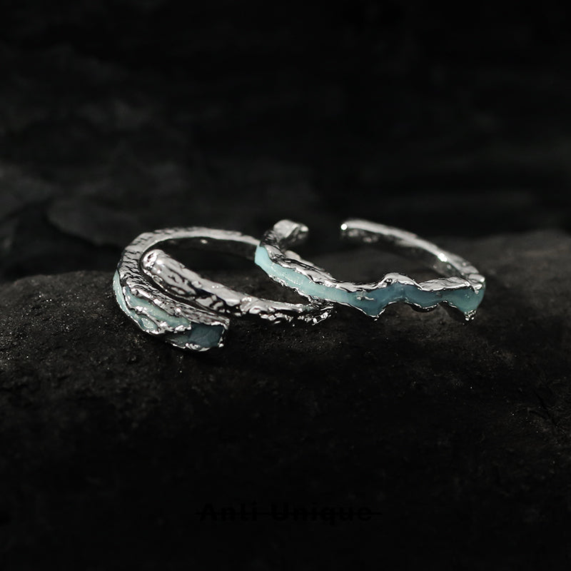 「Ice Lava」Melted Silver Texture Epoxy Resin Technique Adjustable Couple Ring Set