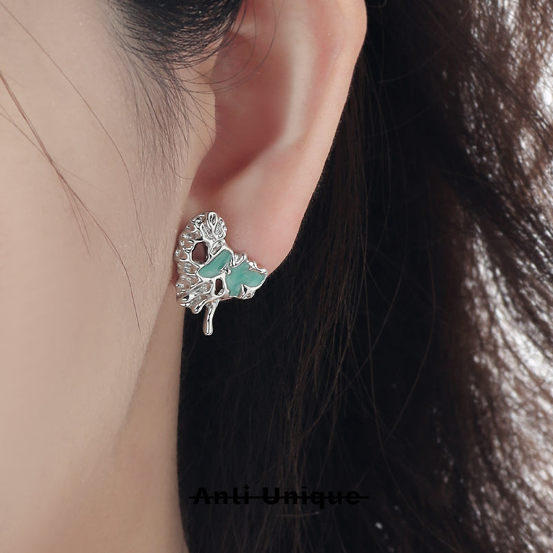 「 Mint Heart」Earring+Ring Set Mint Epoxy Resin Silver Adjustable Open End Ring