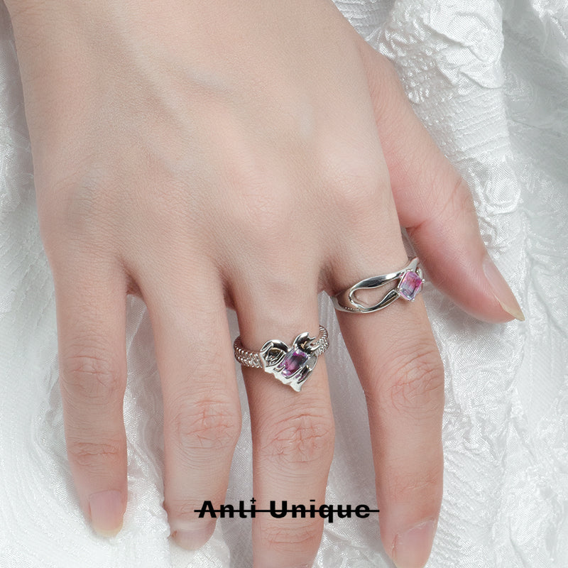 「Sweet Heart」Couple Ring Set Gradient Pink Purple Zircon