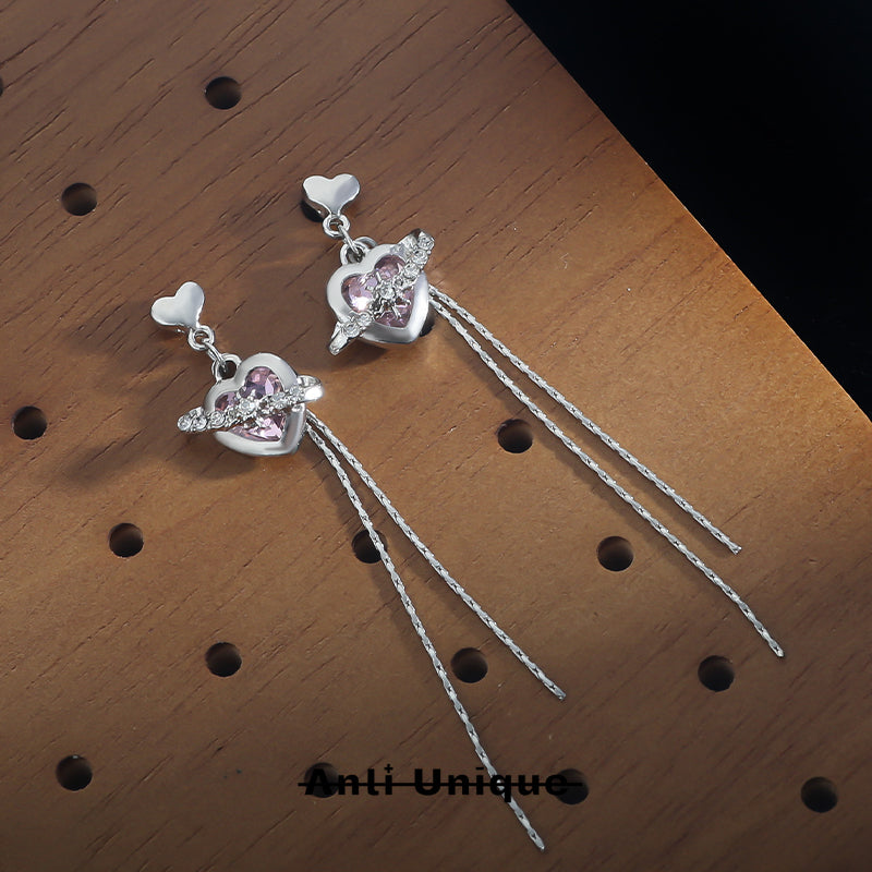 「Planet Heart」Pink Zircon Tassel Earrings