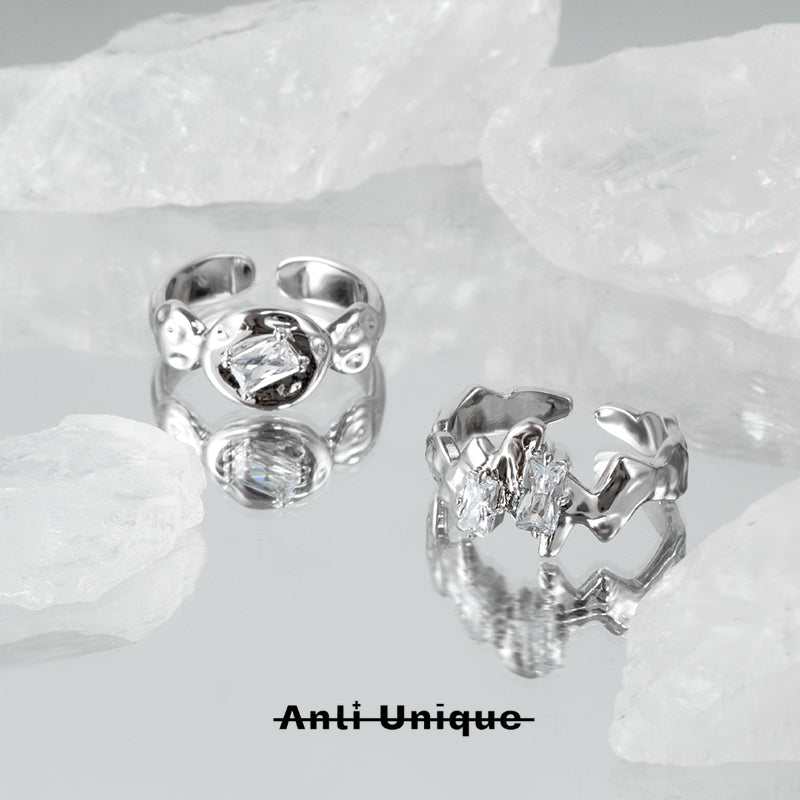 「Ice Mountain」Everyday All-Match White Zircon Silver Couple Ring Set Adjustable Open End