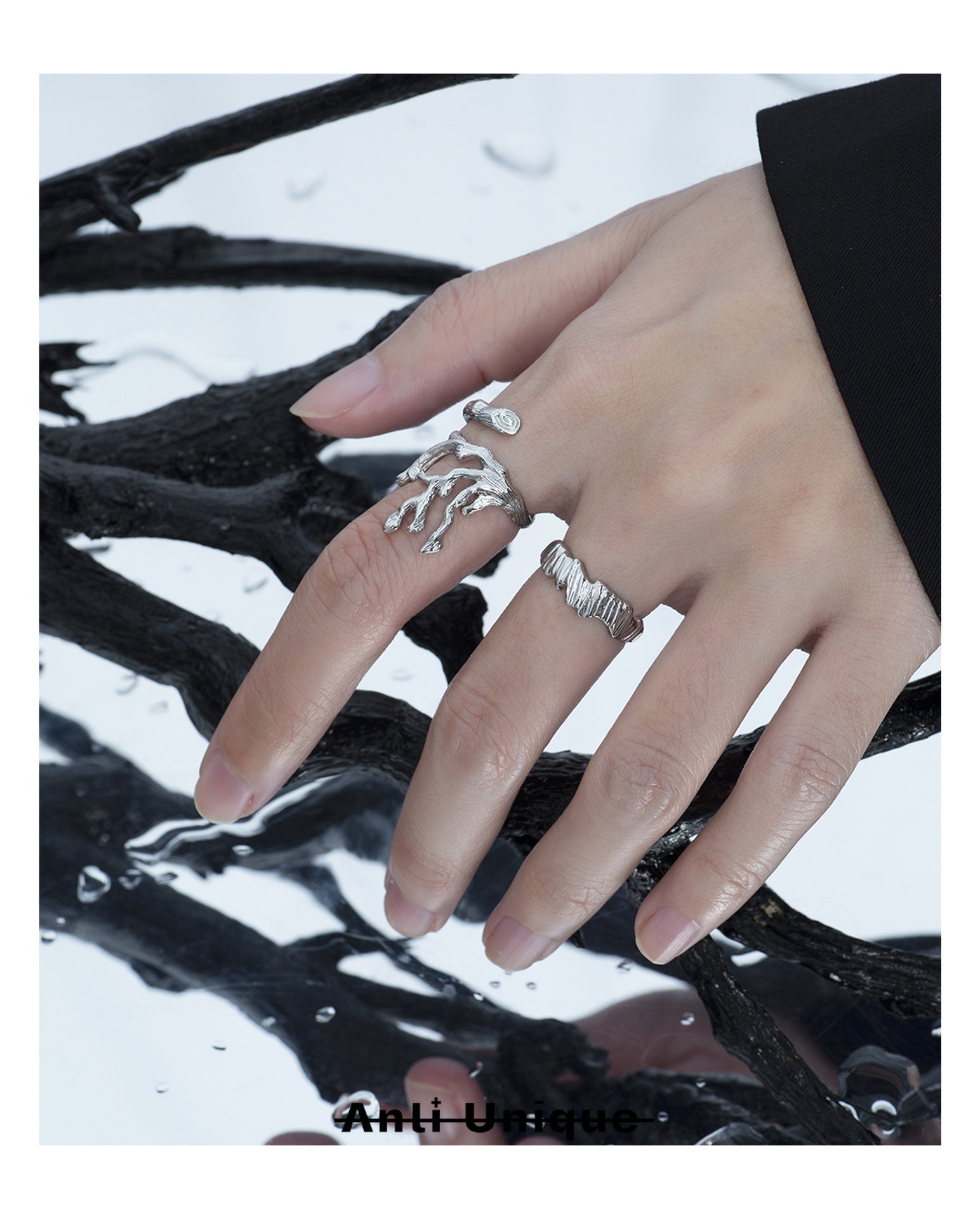 「Lava Branch」Melted Metal Texture Silver Gold Ring Set Adjustable Open End