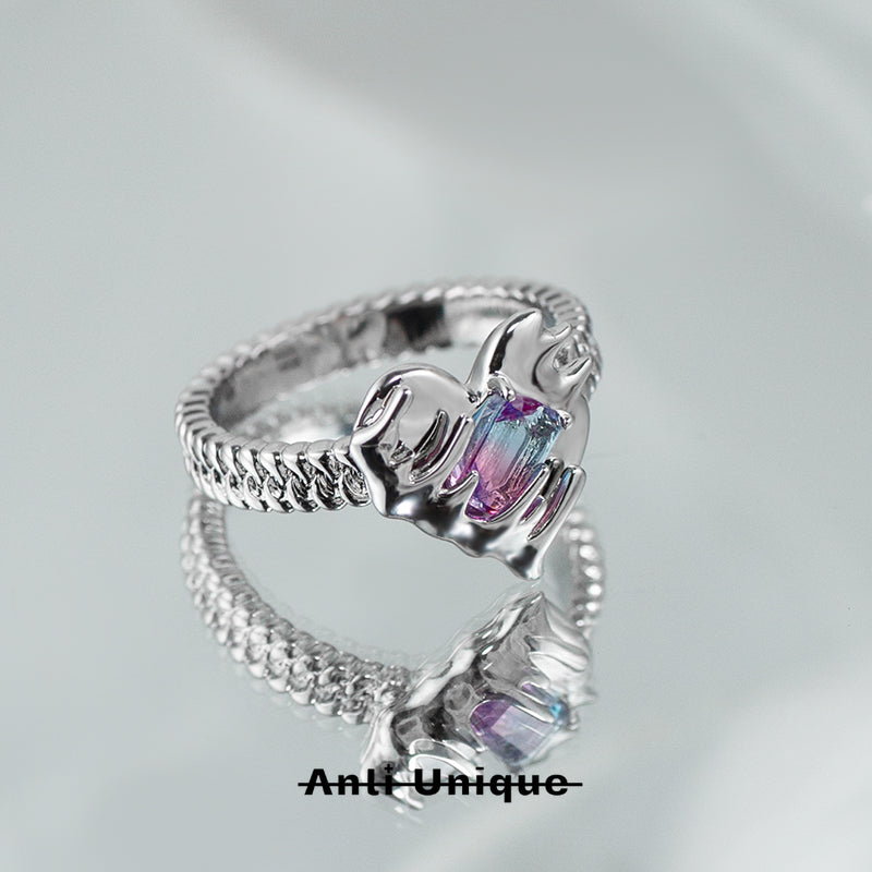 「Sweet Heart」Couple Ring Set Gradient Pink Purple Zircon