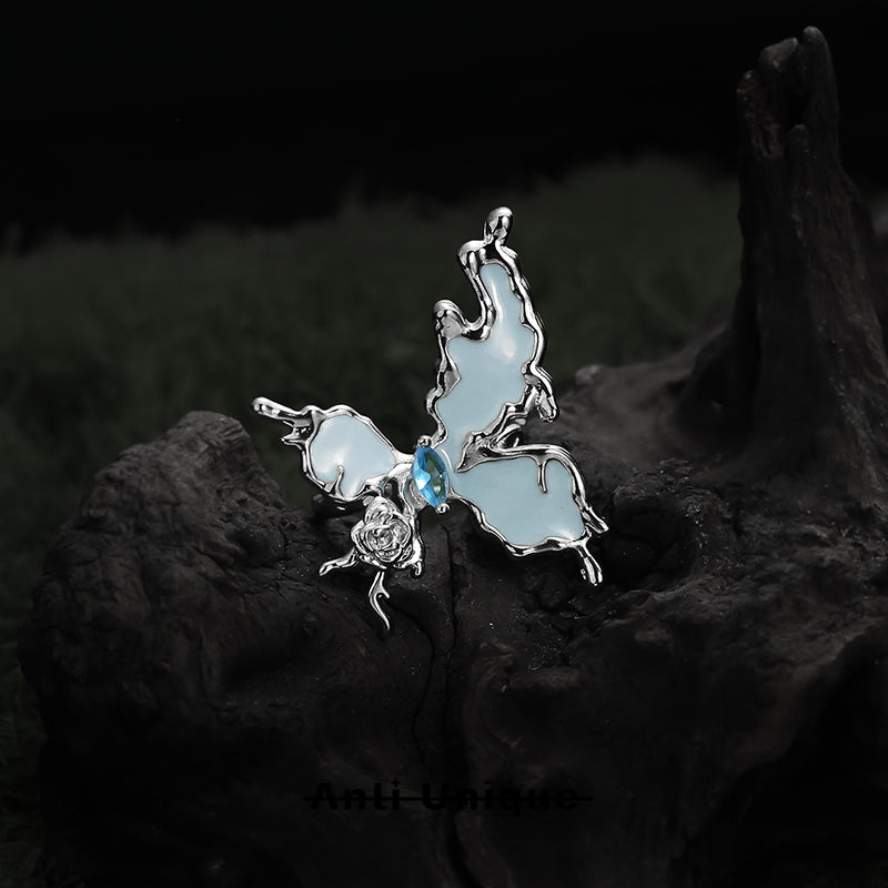 「Rose Butterfly」Blue Ocean Zircon Silver Adjustable Open End Ring Pair