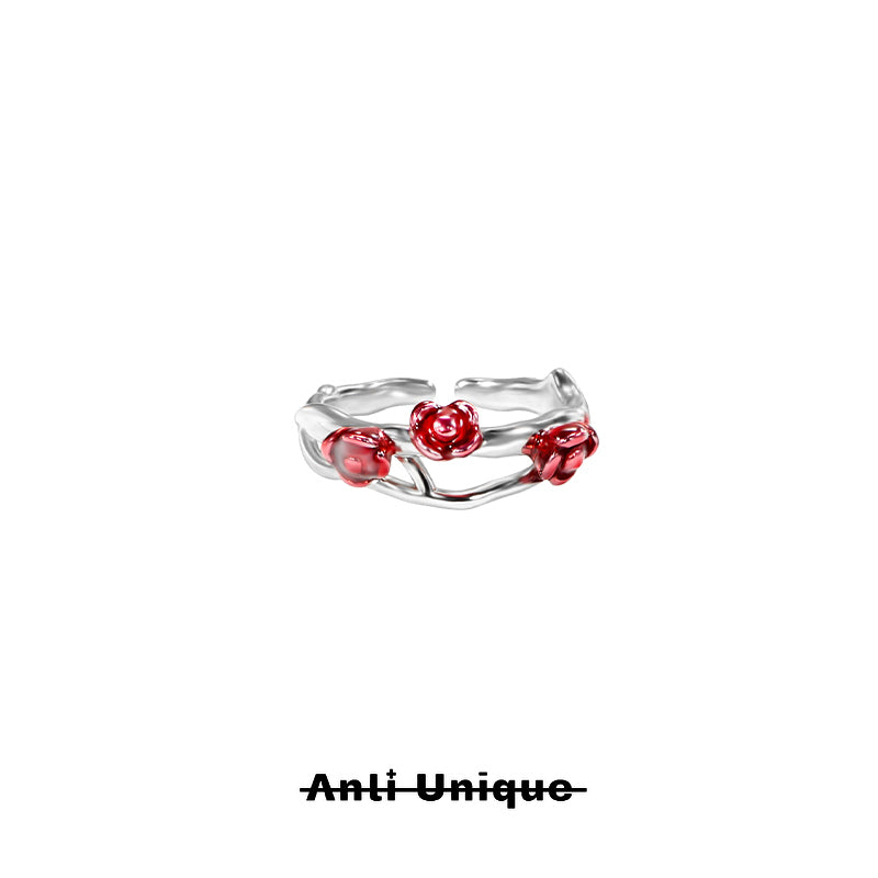 「Blood Rose」Red Zircon Enamel Silver Adjustable Couple Ring Set