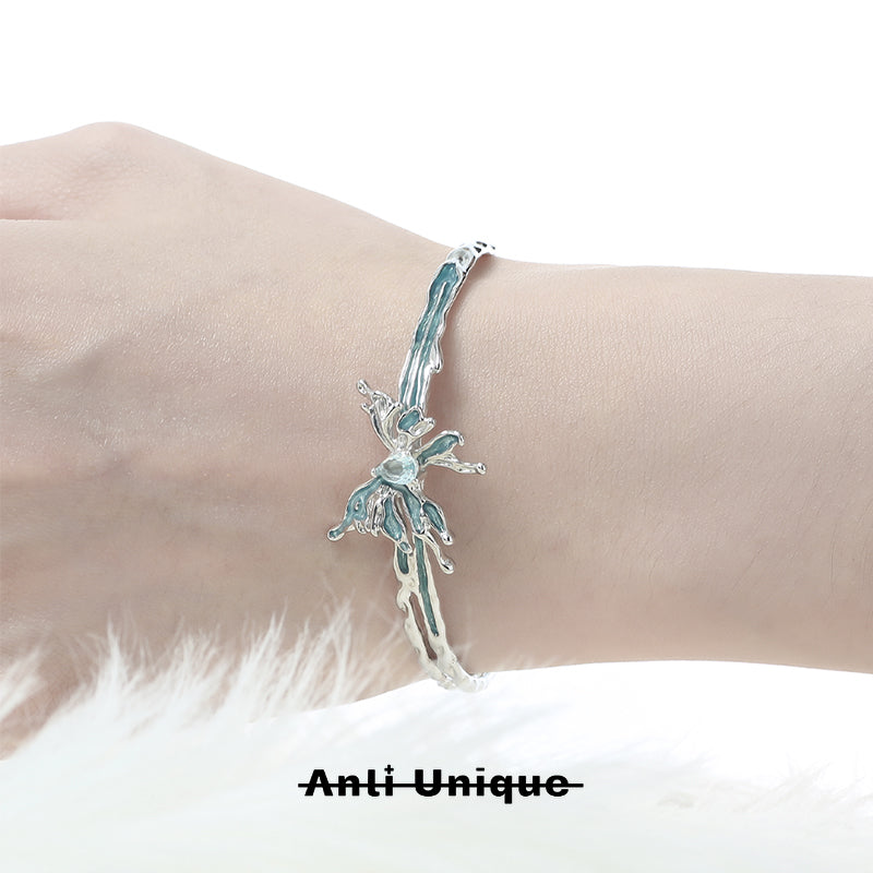 「Mint Butterfly」Blue Zircon Silver Bracelet & Ring Set Adjustable Ope End