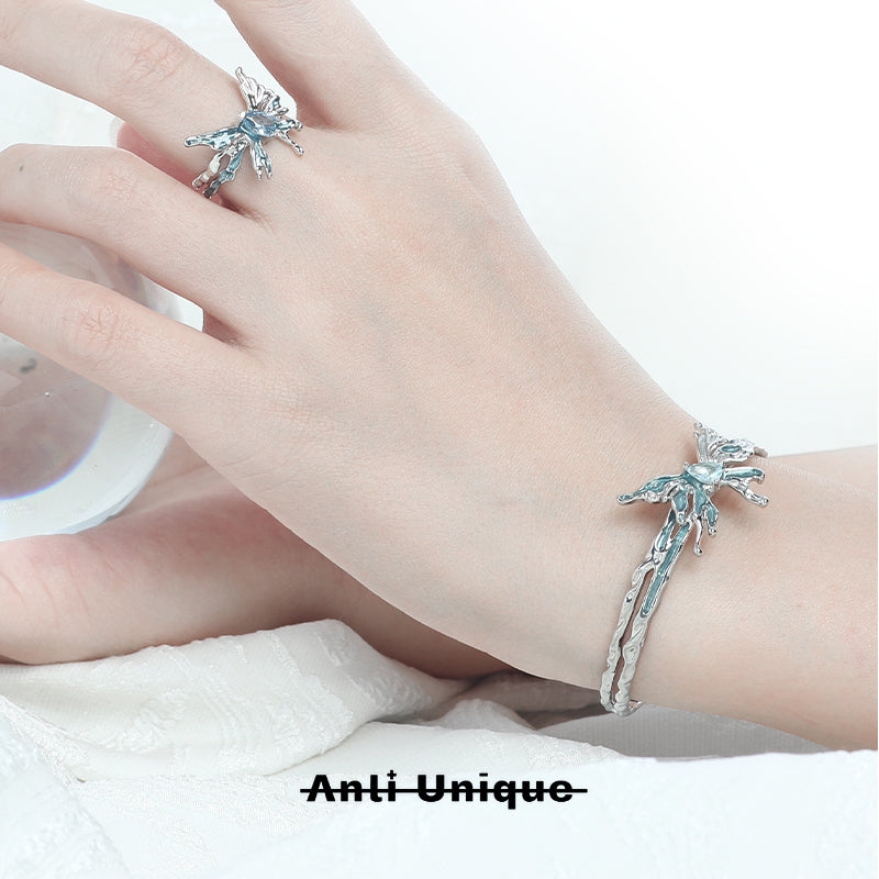 「Mint Butterfly」Blue Zircon Silver Bracelet & Ring Set Adjustable Ope End