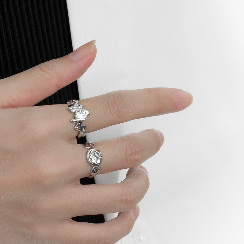 「Ice Mountain」Everyday All-Match White Zircon Silver Couple Ring Set Adjustable Open End