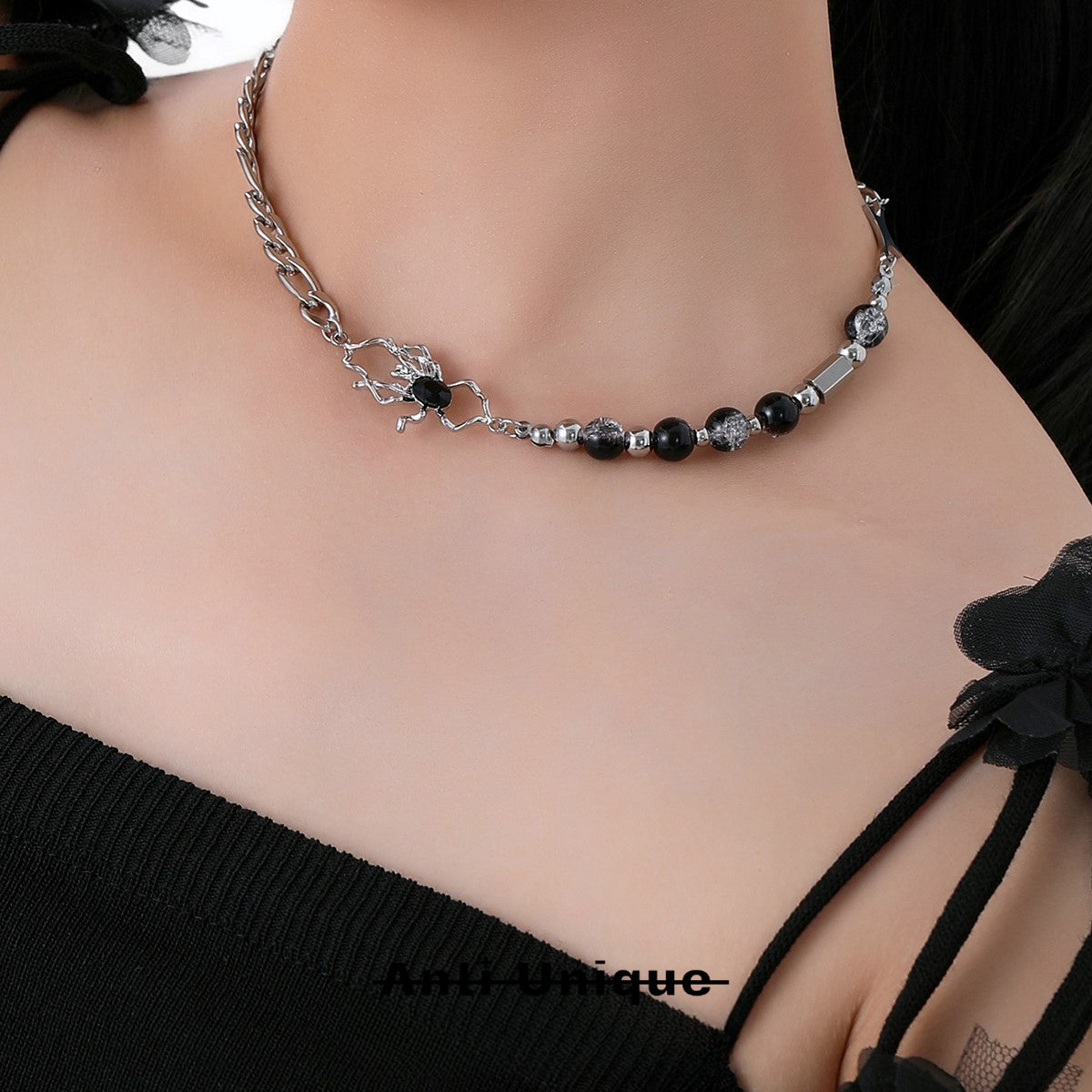 「Black Spider」Black Zircon Beads Platinum Plated Punk Necklace