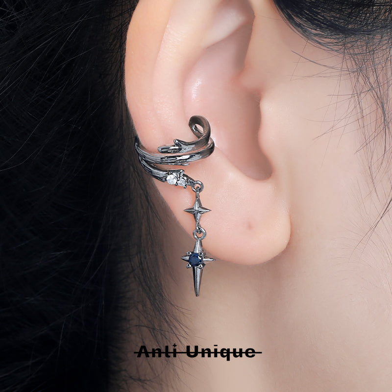 「Dark Thon」Dark Blue Zircon Asymmetric Ear Clips Earrings