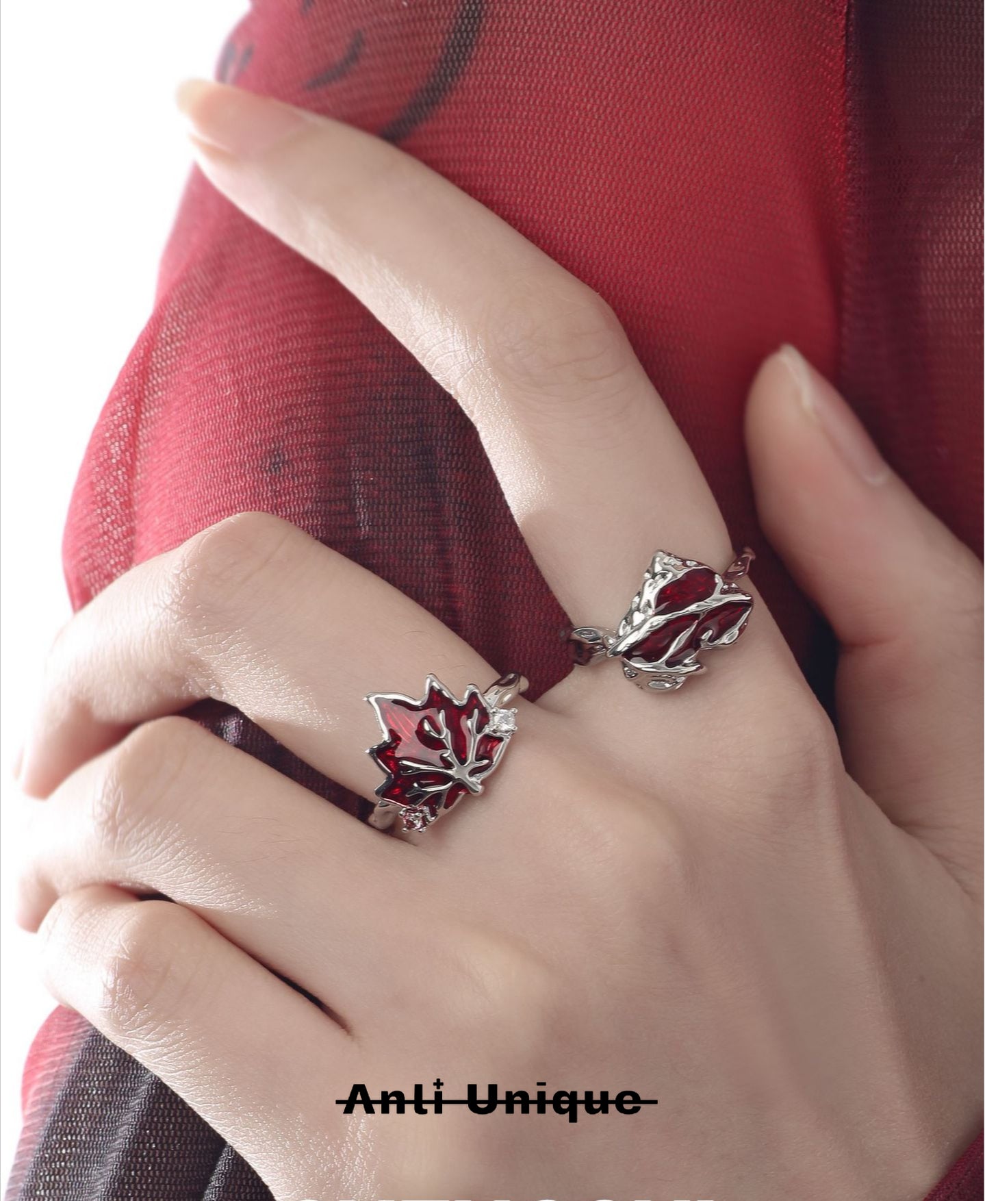 「Red Maple」Red Epoxy Enamel Silver Ring Set Couple Adjustable Open End