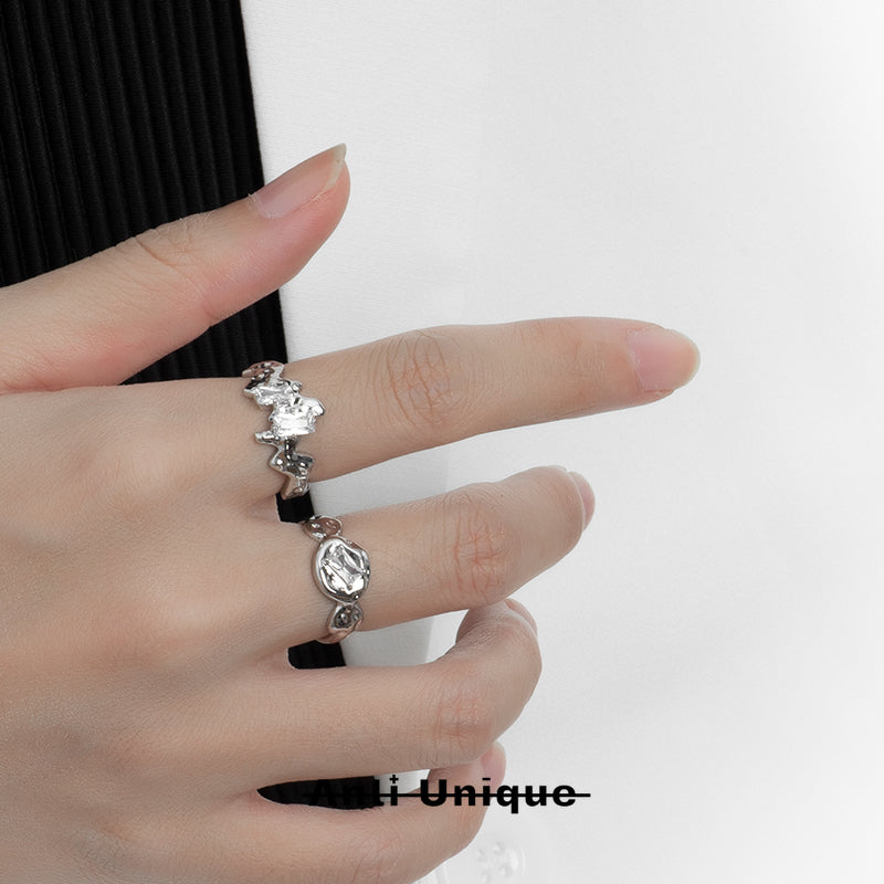 「Ice Mountain」Everyday All-Match White Zircon Silver Couple Ring Set Adjustable Open End