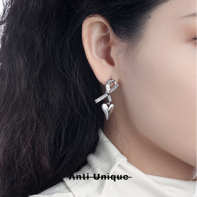 「Ribbon Heart」Everyday All-Match White Zircon Silver Earrings