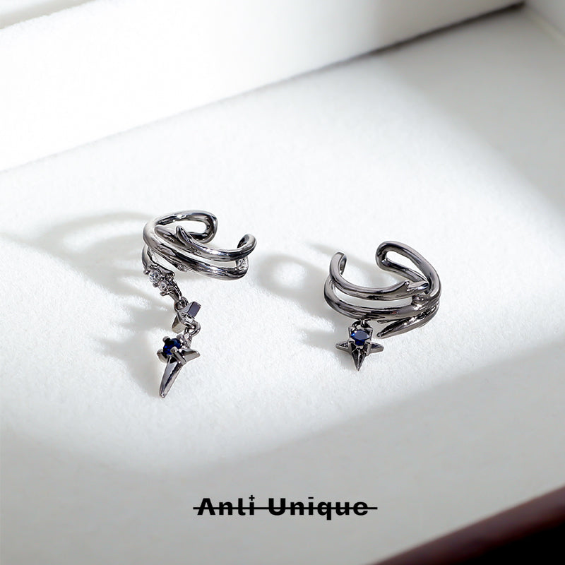 「Dark Thon」Dark Blue Zircon Asymmetric Ear Clips Earrings