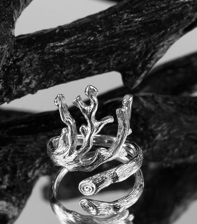 「Lava Branch」Melted Metal Texture Silver Gold Ring Set Adjustable Open End