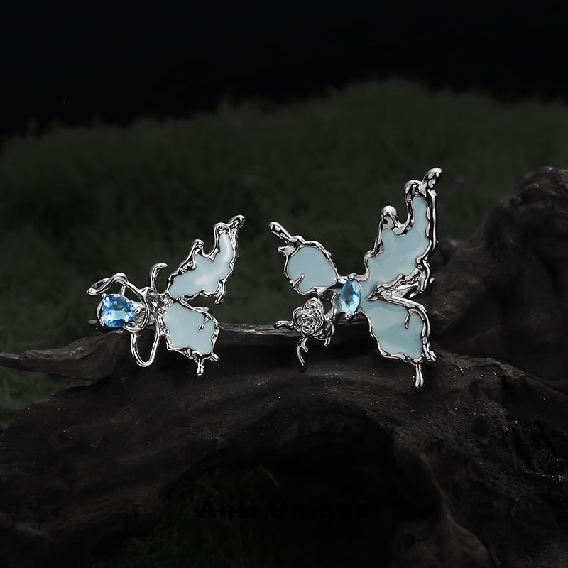 「Rose Butterfly」Blue Ocean Zircon Silver Adjustable Open End Ring Pair