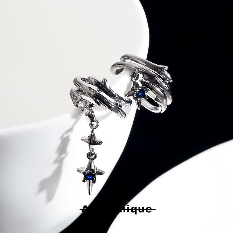 「Dark Thon」Dark Blue Zircon Asymmetric Ear Clips Earrings