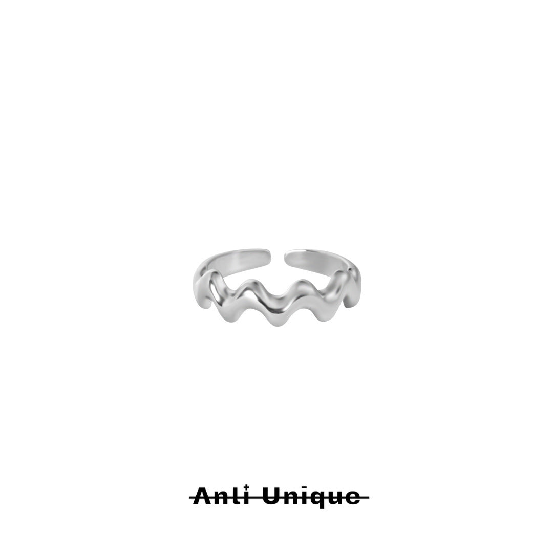 「Wave Peak」White Zircon Silver Couple Ring Set Adjustable Open End