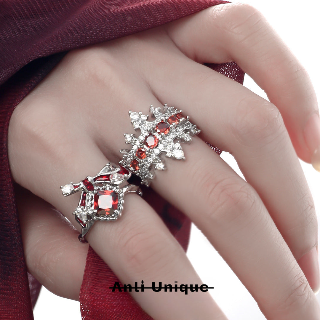 「Red Crown」Red Zircon Silver Ring Set Couple Adjustable Open End