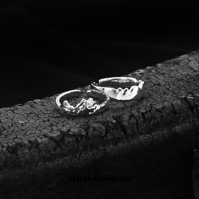 「Eternal Mountain」White Zircon Silver Couple Ring Set Gift Adjustable Open End